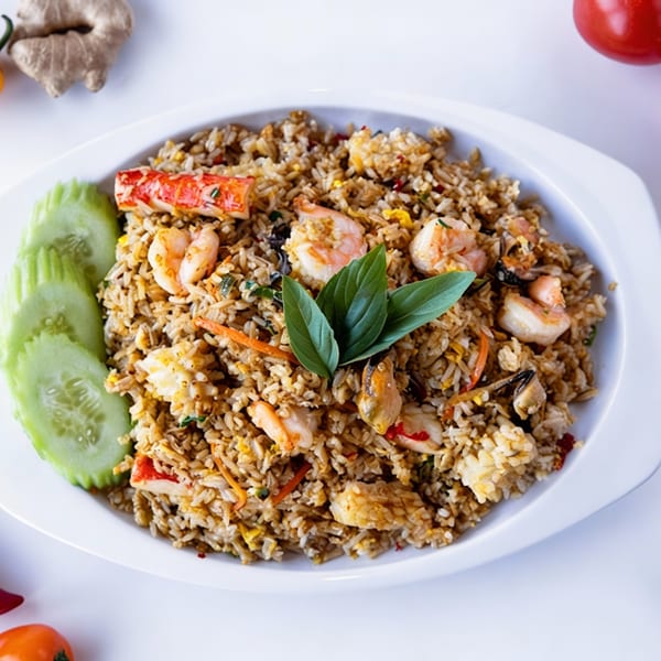 TG Thai Food's seafood fried rice with shrimp, mussels, crab, and basil, garnished with cucumber.