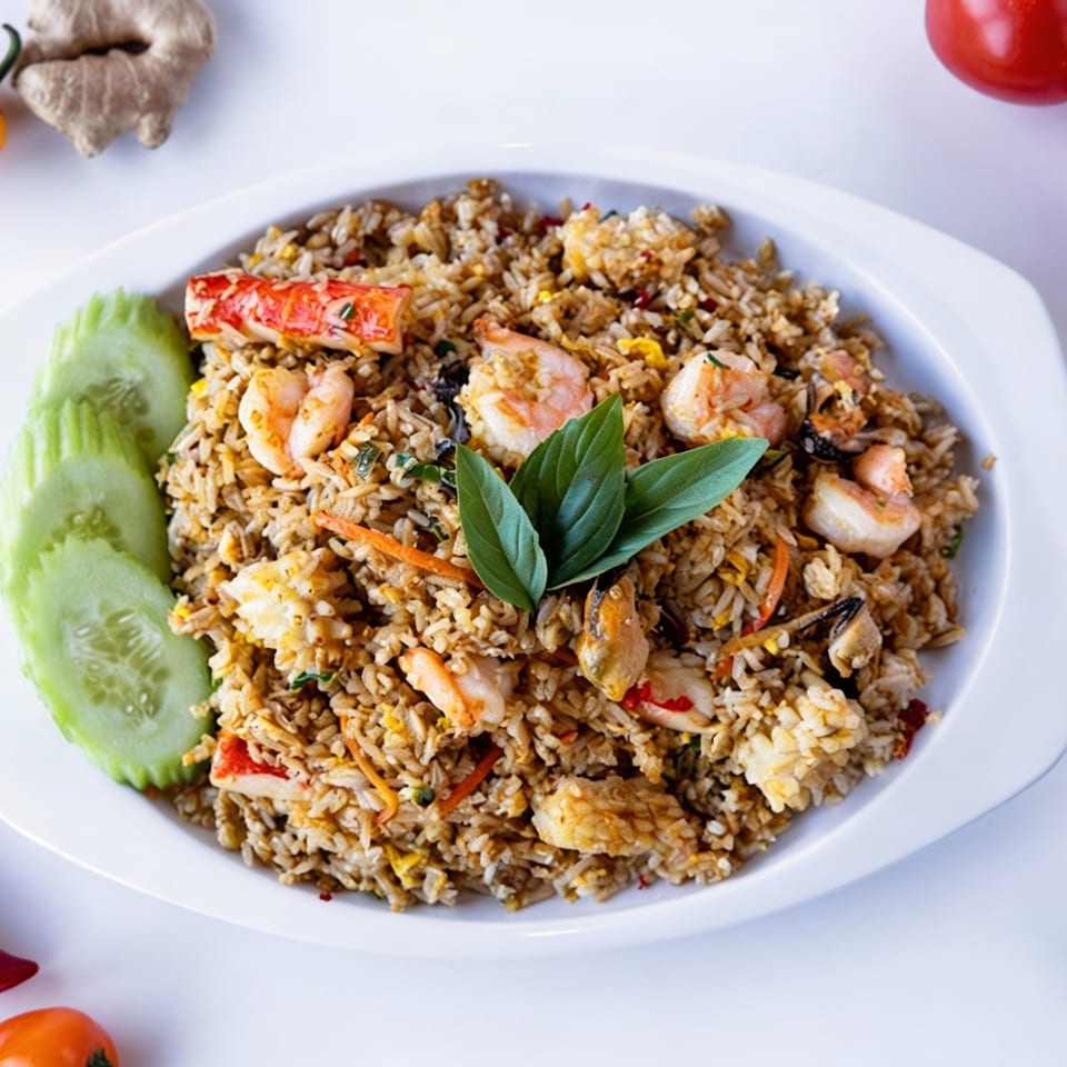 TG Thai Food's seafood fried rice with shrimp, mussels, crab, and basil, garnished with cucumber.