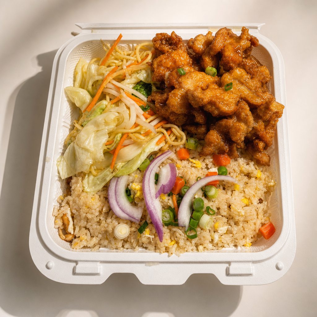 Chow Mein, Fried Rice, Orange Chicken.