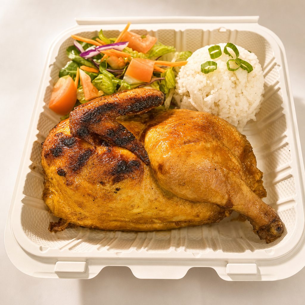 Fried Rice, Half BBQ Chicken, Green Salad.