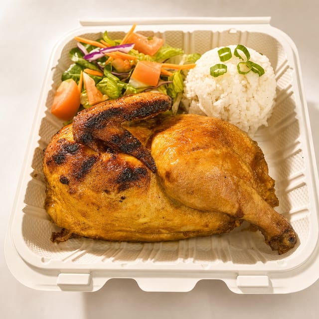 Fried Rice, Half BBQ Chicken, Green Salad.