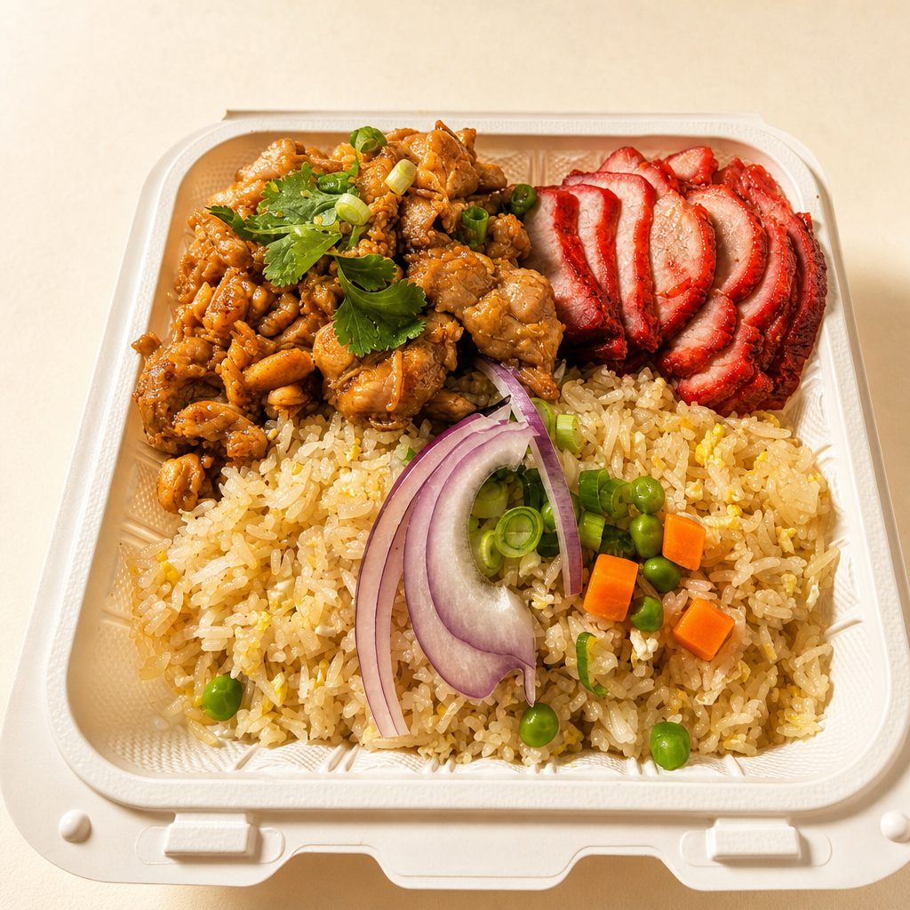 Fried Rice, BBQ Pork, Garlic Black Pepper Chicken.