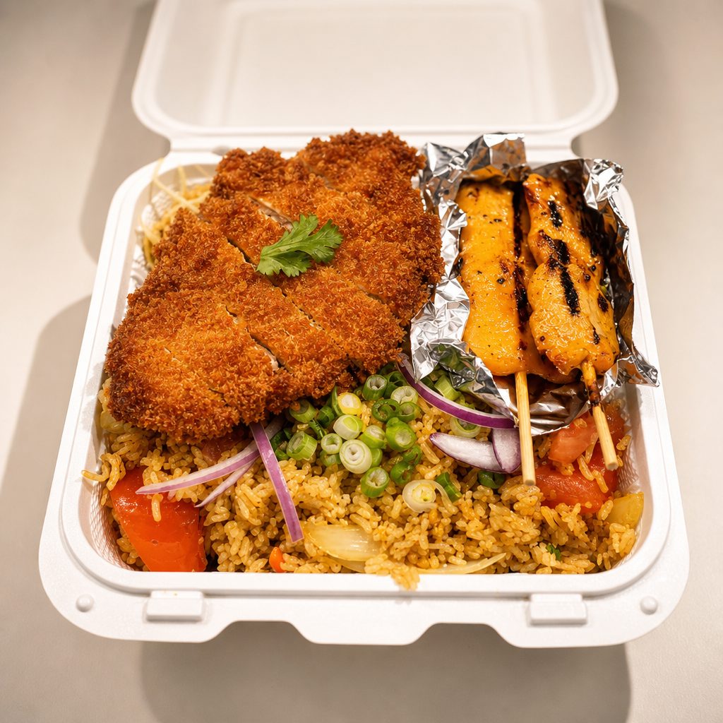 Curry Fried Rice, Katsu Chicken, Chicken Satay.